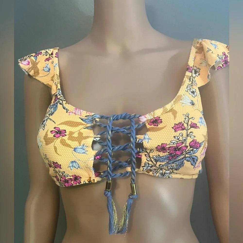 California Sunshine Yellow Floral Lace-Up Bikini Top NWT - Picture 2 of 5